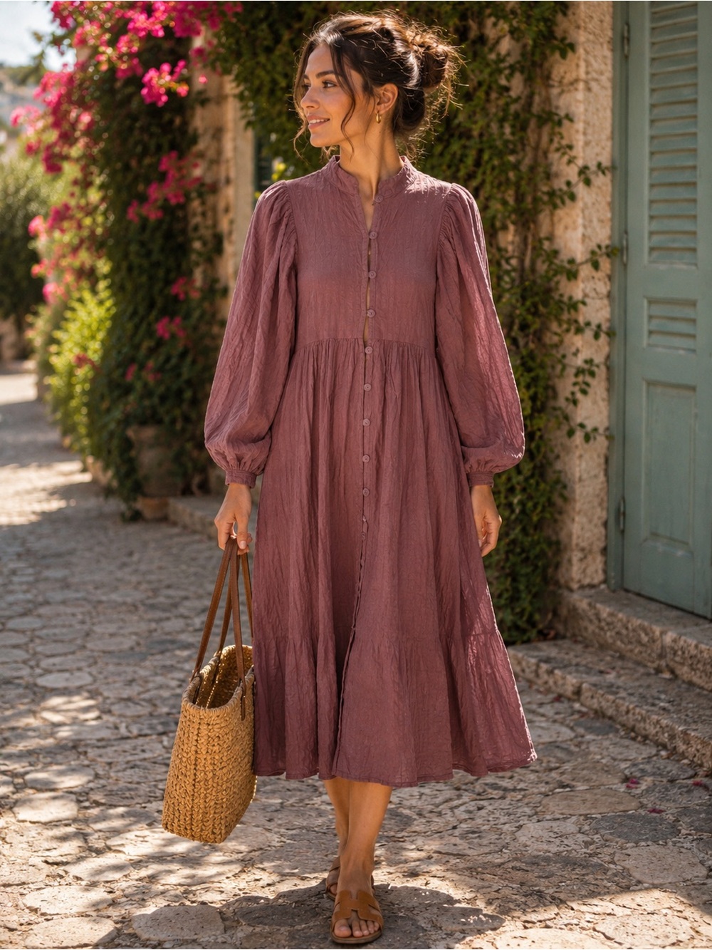 Anthropologie Opia Mauve Button-Front Midi Dress